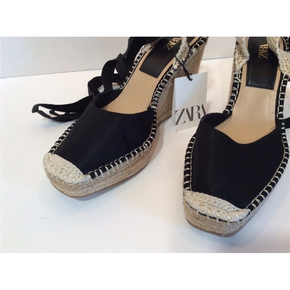 Zara Black Tied Raffia Espadrille Wedge Shoes NWT SZ 10 EU 41 - Picture 7 of 11